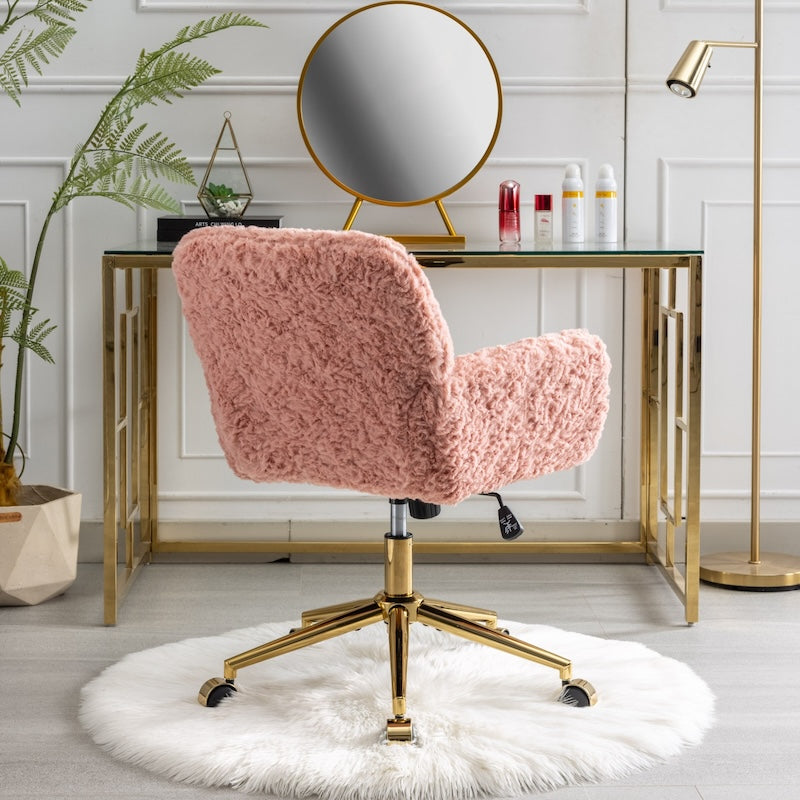 Solara Faux Rabbit Office Swivel Chair with Gold Base - Pink