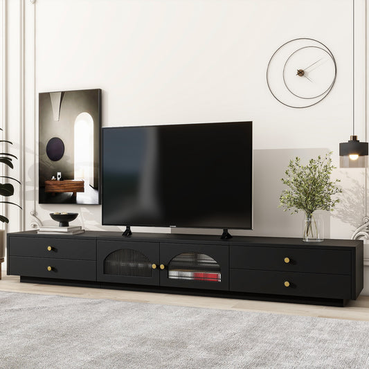 Madden 90" Modern TV Console with Glass Doors & Gold Knobs - Black