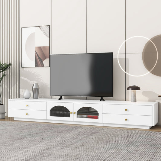 Madden 90" Modern TV Console with Glass Doors & Gold Knobs - White