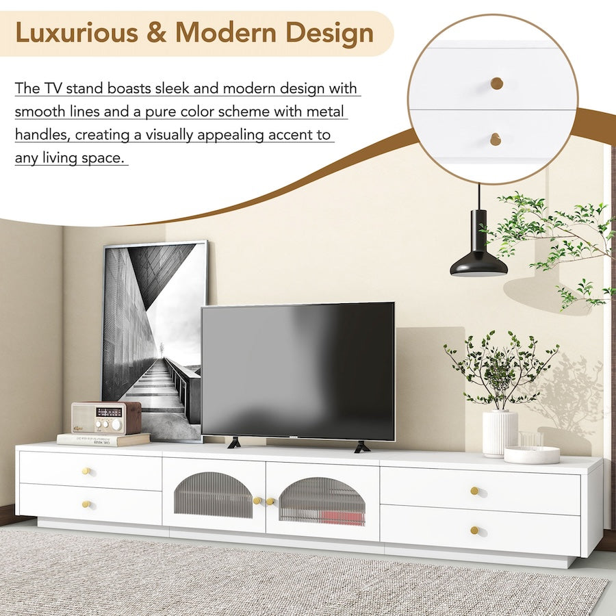 Madden 90" Modern TV Console with Glass Doors & Gold Knobs - White