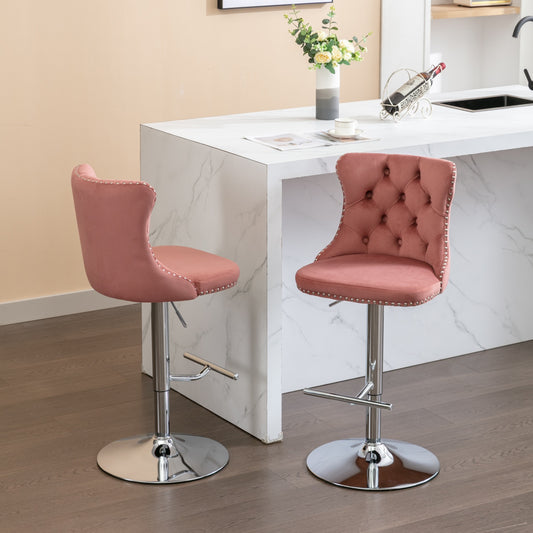 A&A Furniture Velvet Swivel Bar Stools with Silver Base Set of 2 - Pink