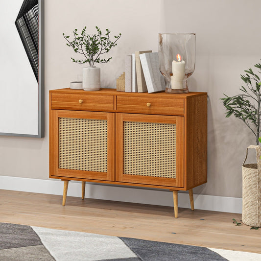 Serene Boho Style Accent Cabinet - Light Brown & Rattan