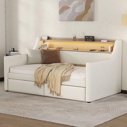 Venture Twin Size Daybed with Shelf & 2 Storage Drawers - White