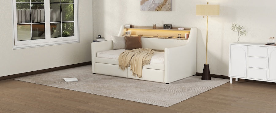 Venture Twin Size Daybed with Shelf & 2 Storage Drawers - White