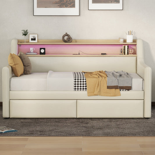 Venture Twin Size Daybed with Shelf & 2 Storage Drawers - Beige