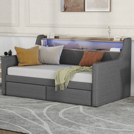Venture Twin Size Daybed with Shelf & 2 Storage Drawers - Gray