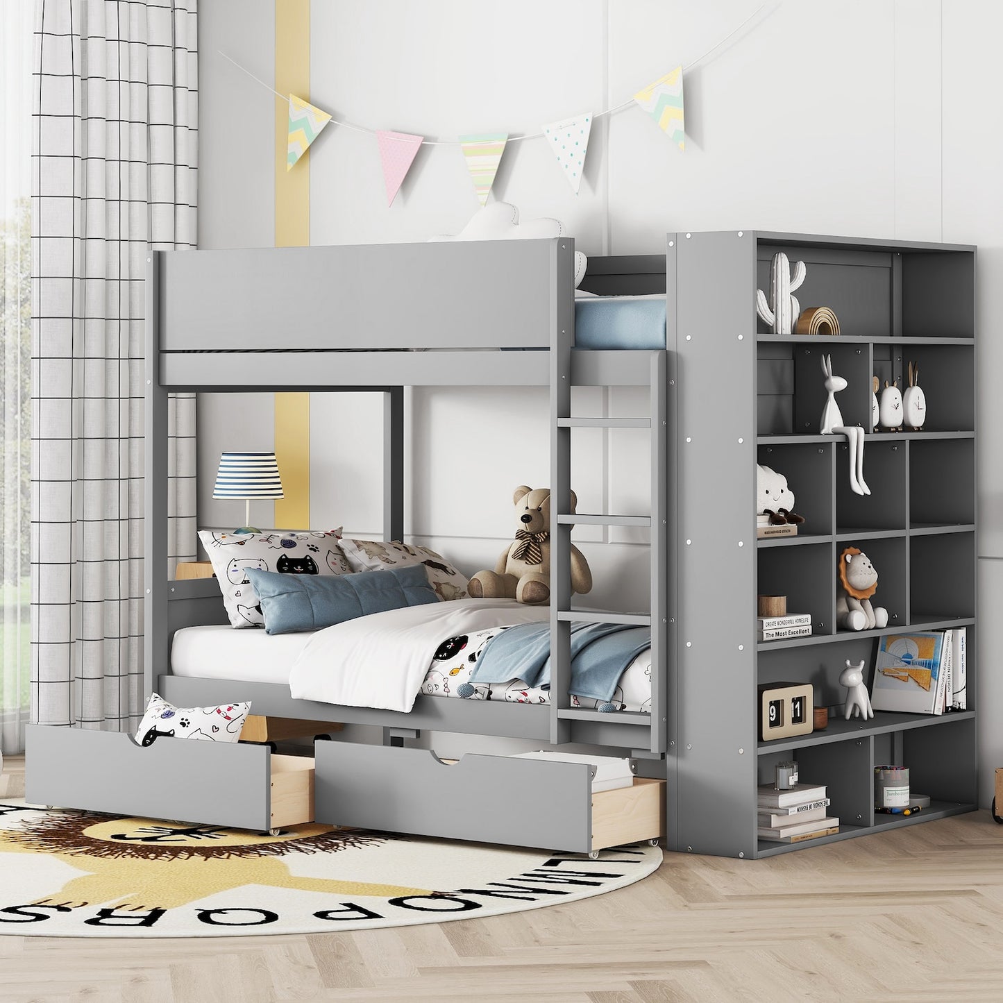 Gala Twin over Twin Bunk Bed with 2 Drawers & Cabinet - Gray