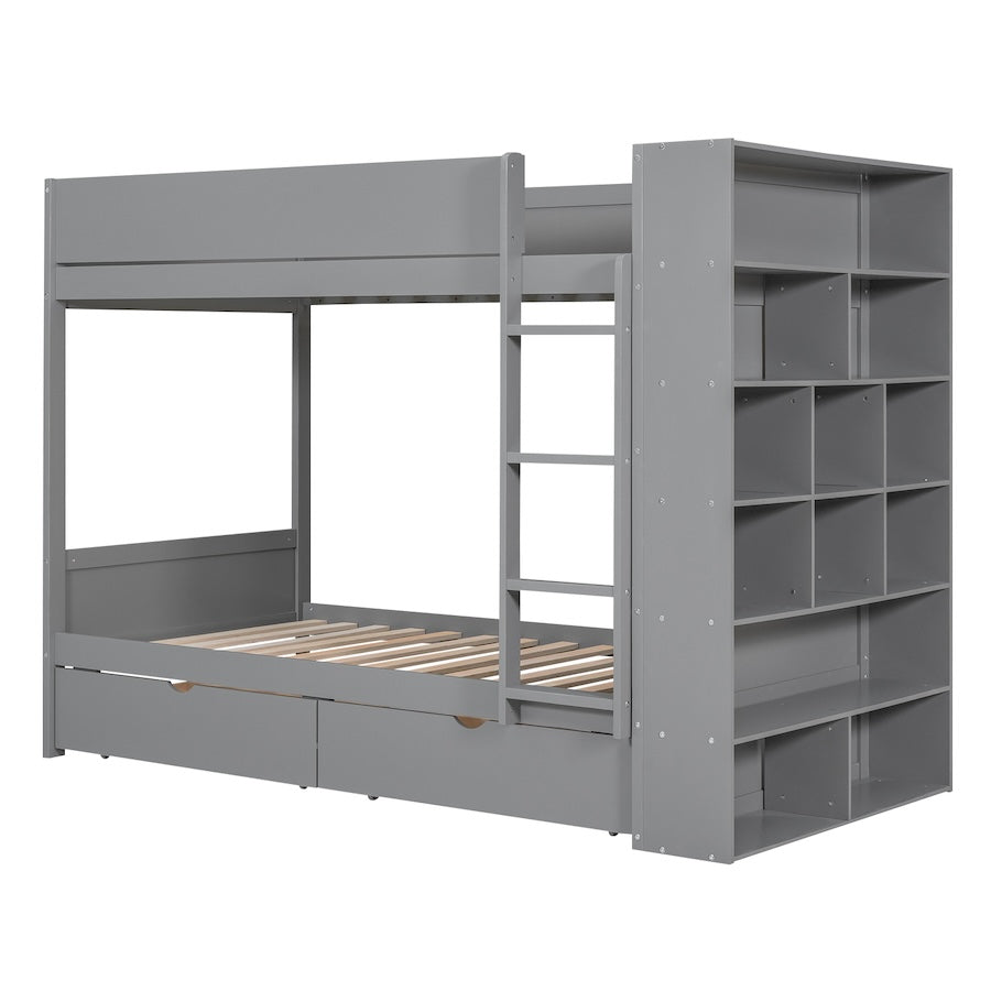 Gala Twin over Twin Bunk Bed with 2 Drawers & Cabinet - Gray