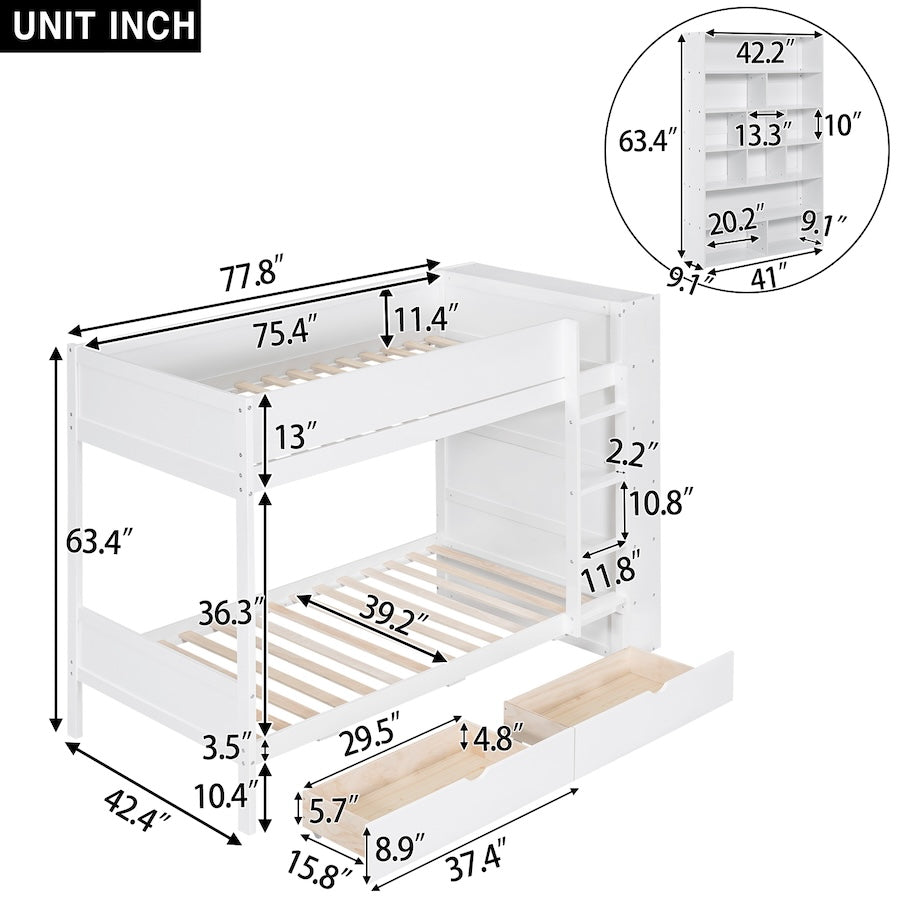 Gala Twin over Twin Bunk Bed with 2 Drawers & Cabinet - White