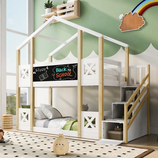 Allison Twin over Twin Bunk Bed with Storage Staircase - White & Natural