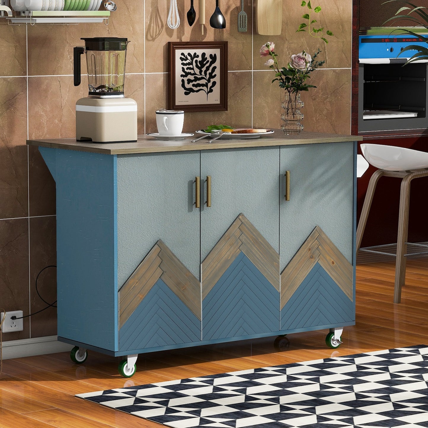 K&K Mobile Kitchen Island Cart with Drop Leaf- Navy Blue