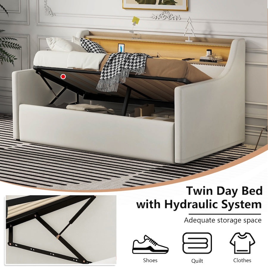 Hadley Twin Daybed with Shelf & Hydraulic Storage - White