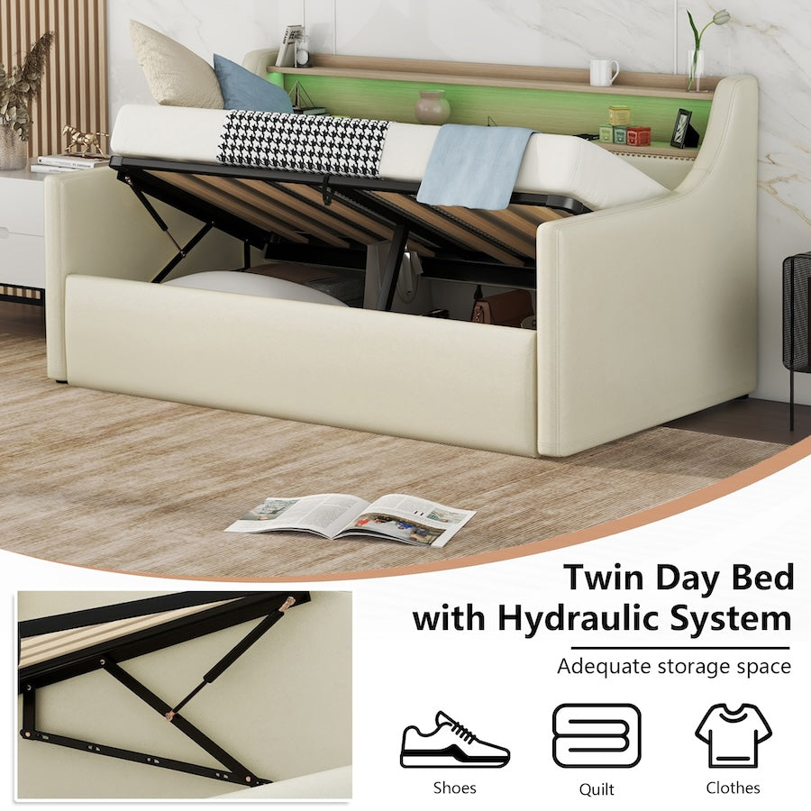 Hadley Twin Daybed with Shelf & Hydraulic Storage - Beige
