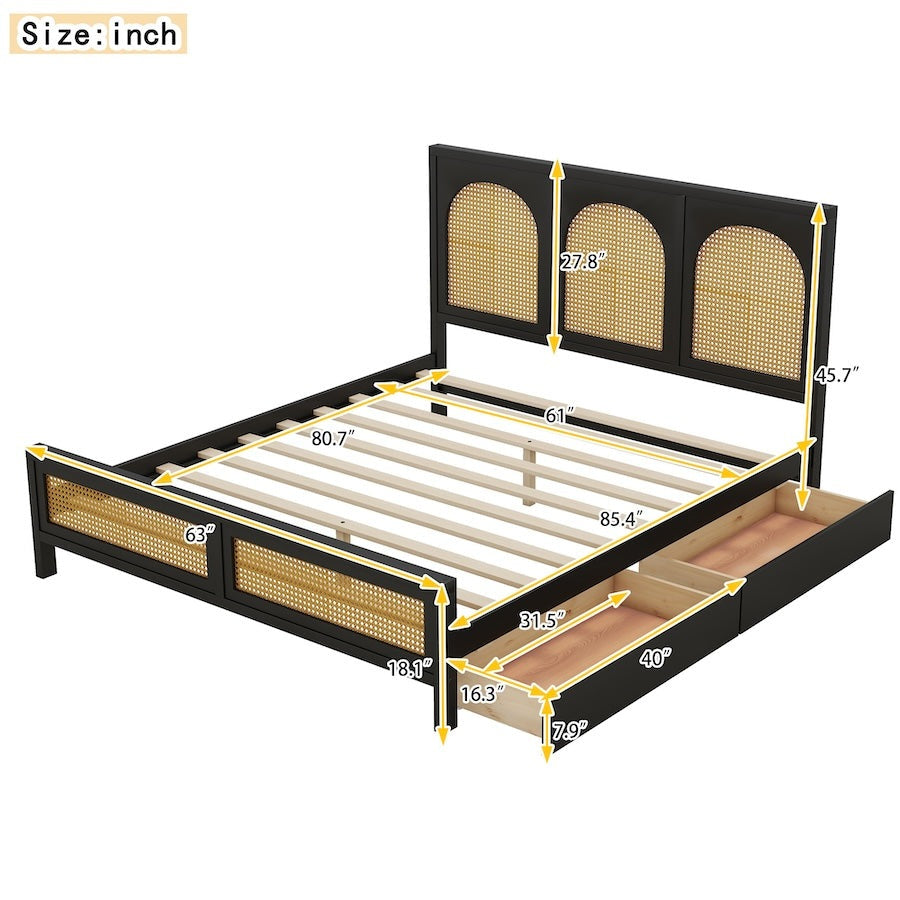 Svelteo Queen Size Platform Bed with Rattan Headboard & Storage