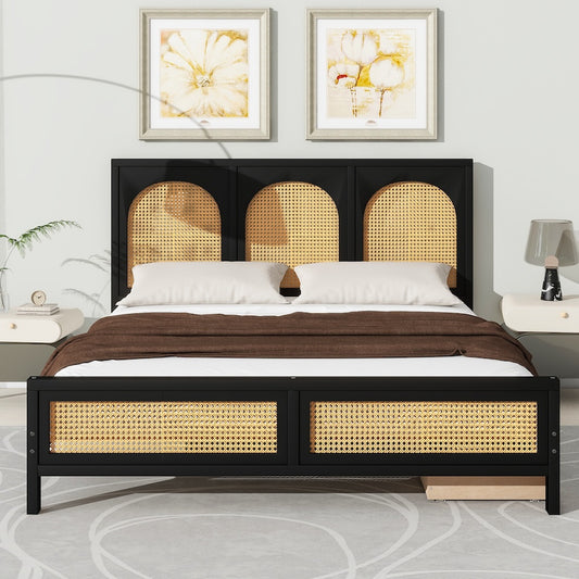 Svelteo Queen Size Platform Bed with Rattan Headboard & Storage