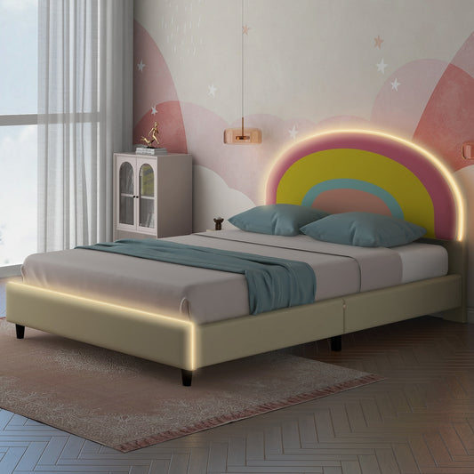 Rainbow Twin Size Platform Bed with LED Lights - Beige