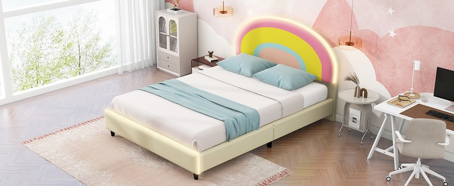 Rainbow Twin Size Platform Bed with LED Lights - Beige