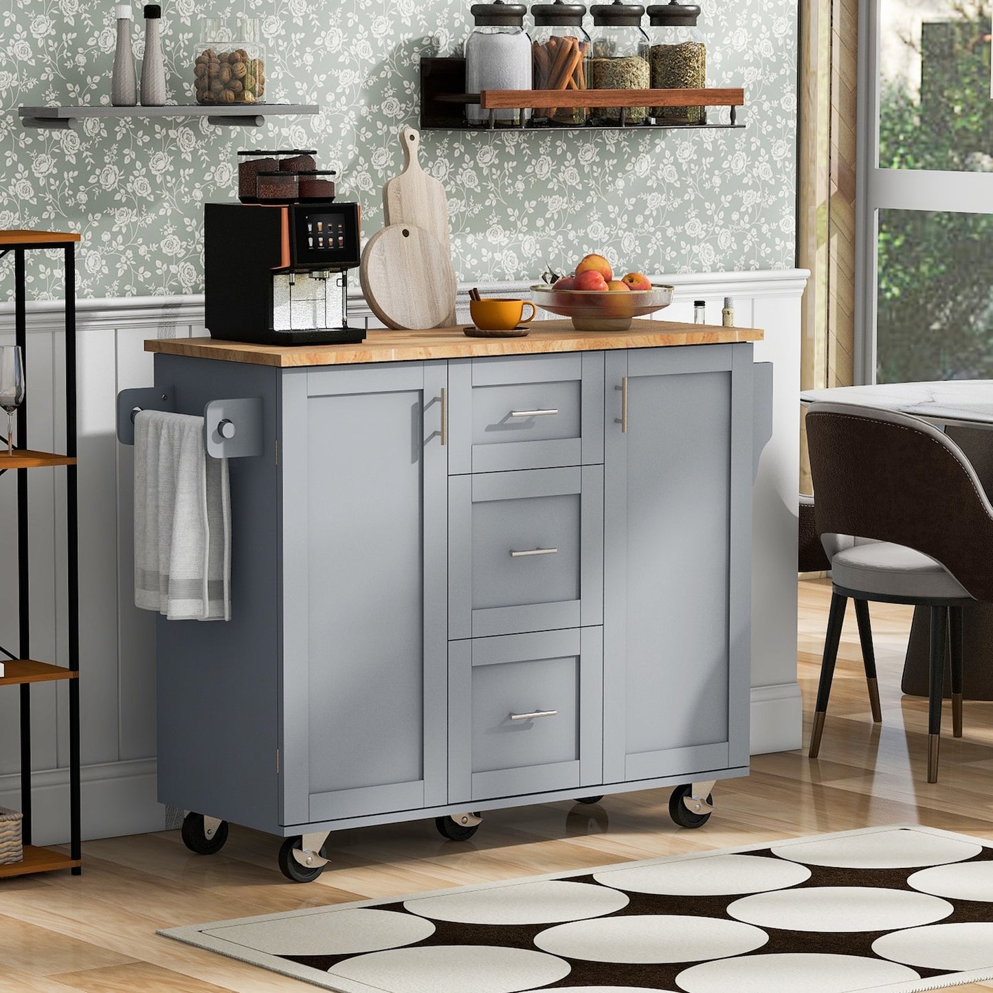 K&K Kitchen Island Cart with 5 Drawers - Grey/Blue