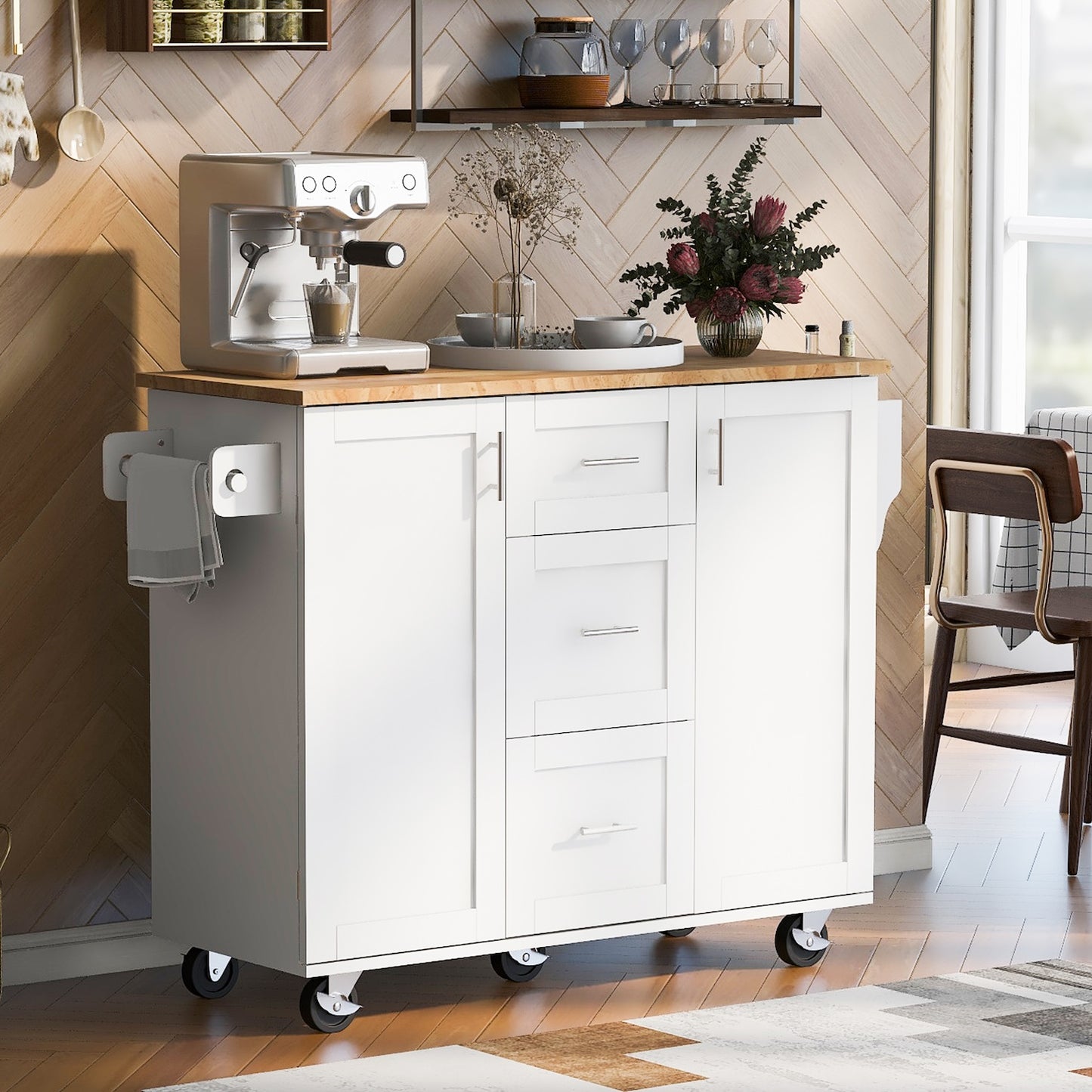 K&K Kitchen Island Cart with 5 Drawers -White