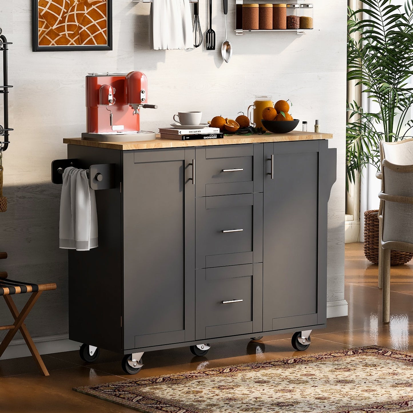 K&K Kitchen Island Cart with 5 Drawers -Black