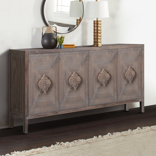 Ortega Accent Cabinet in Antique Brown with Floral Carved Handles