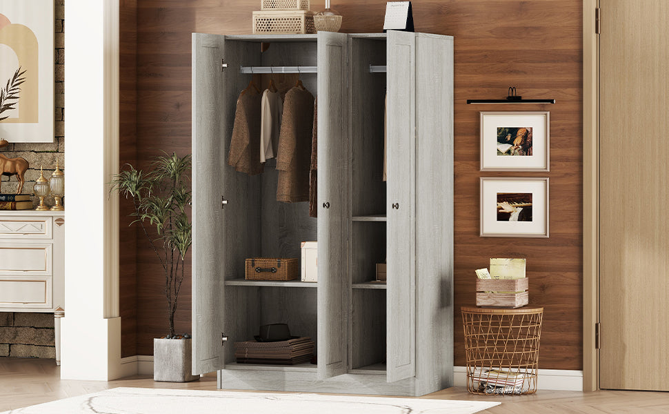 Megan 3-Door Shutter Wardrobe with Shelves - Gray