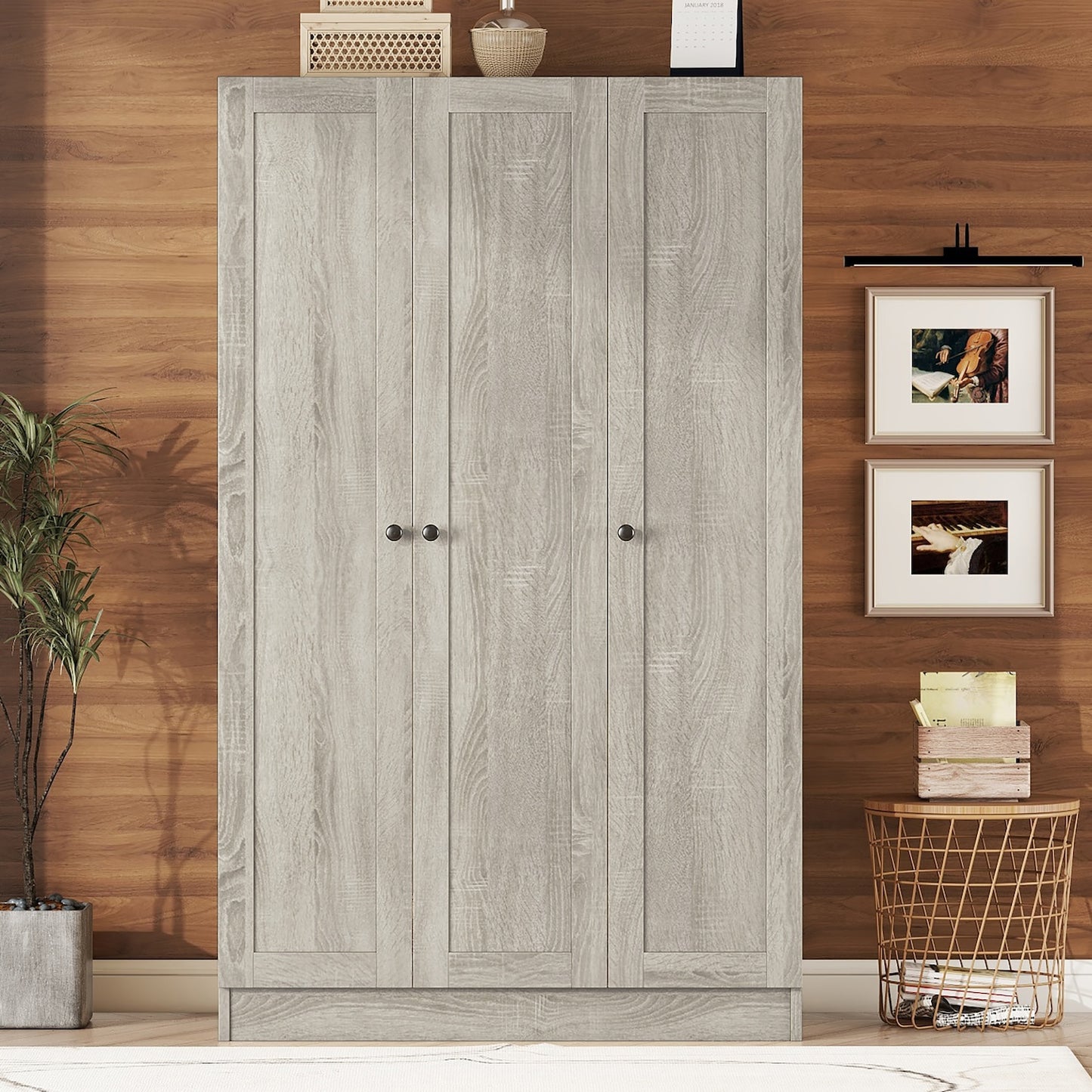 Megan 3-Door Shutter Wardrobe with Shelves - Gray