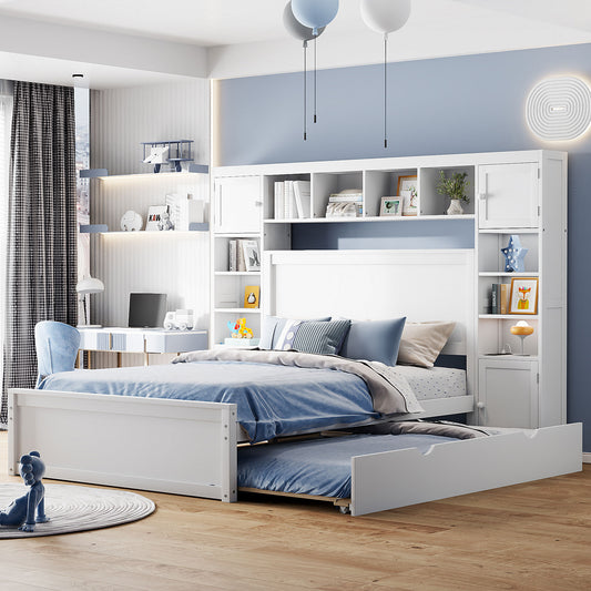 Ambrose Full Size Wooden Bed With All-in-One Cabinet, White