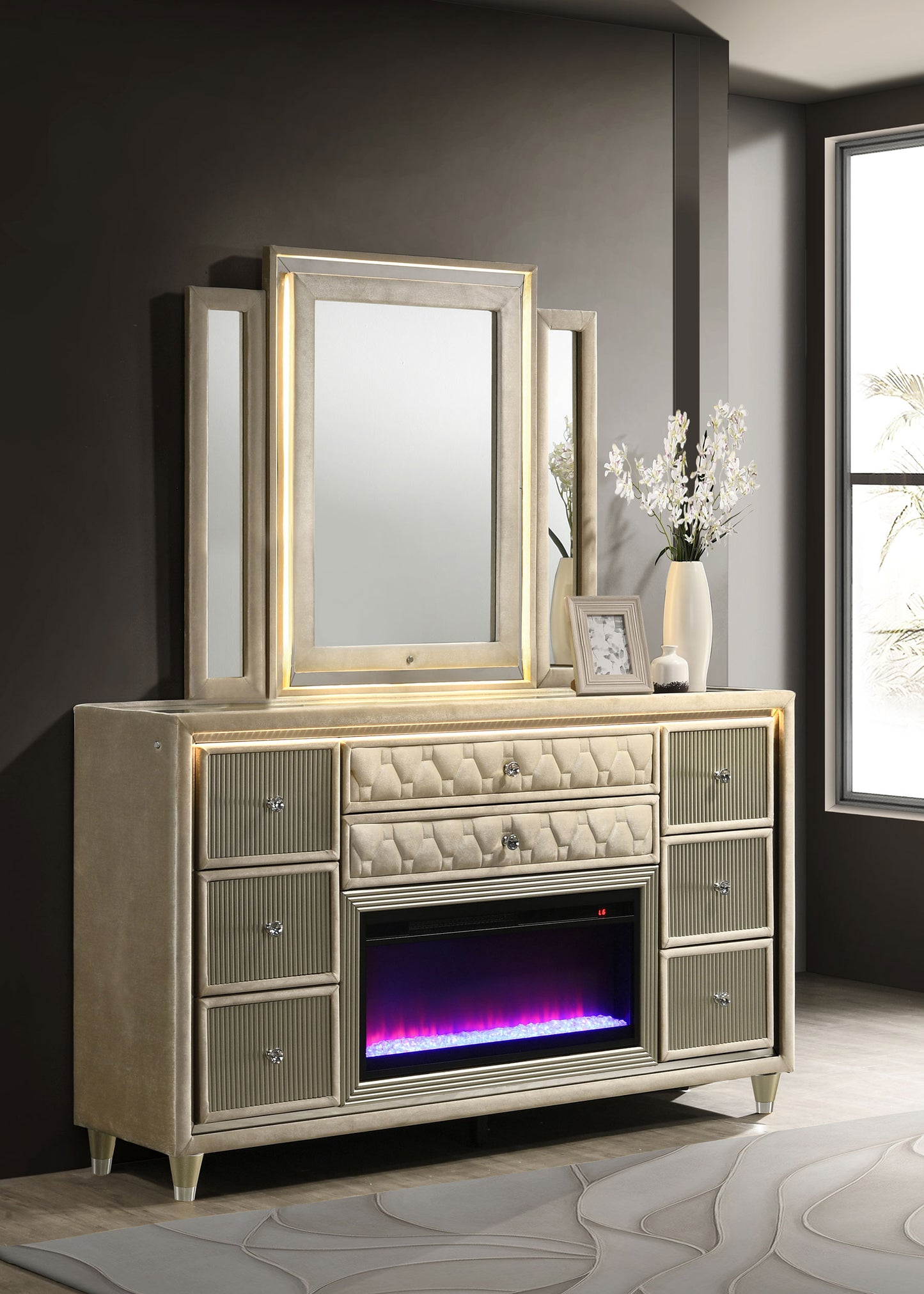 Lorient 8-Drawer LED Flame Box Dresser – Ivory & Camel