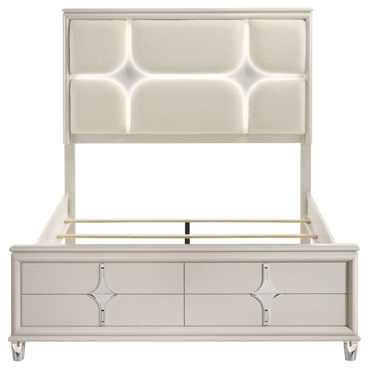 Olivia Eastern King Upholstered Bed – Ivory Bouclé with LED Lighting