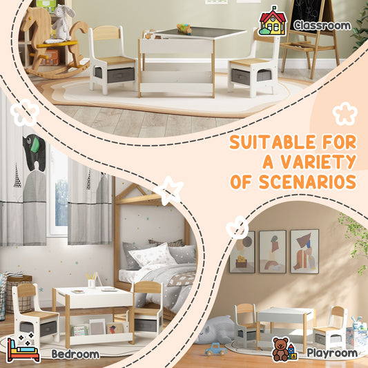 Jason 3 Piece Kids Table and Chair Set with Reversible Blackboard Top, White & Gray