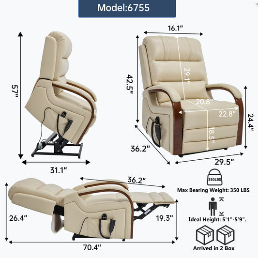 Power Beige Leatheraire Lift Recliner Chair Dual Motor Infinite Position Up to 350 LBS with Solid Wood Armrests - detail view 2