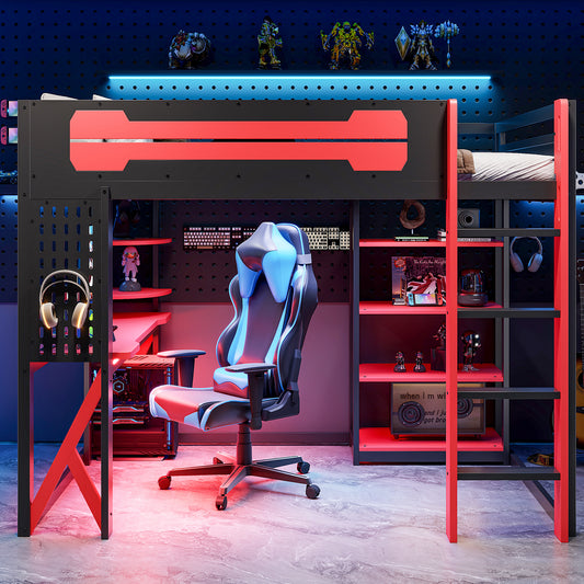 Full Size Wood Loft Bed with Desk - Black+red - detail view 2