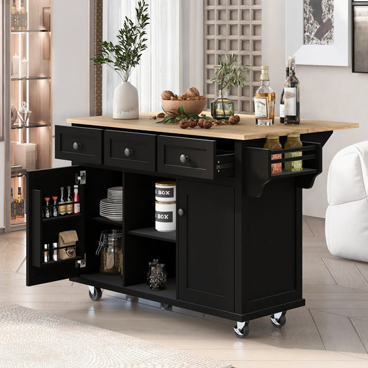 Kitchen Cart with Rubber Wood Drop-Leaf Countertop - Black - detail view 2