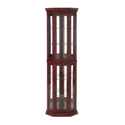 Edith Traditional Corner Curio Cabinet with Mirrored Back, Cherry