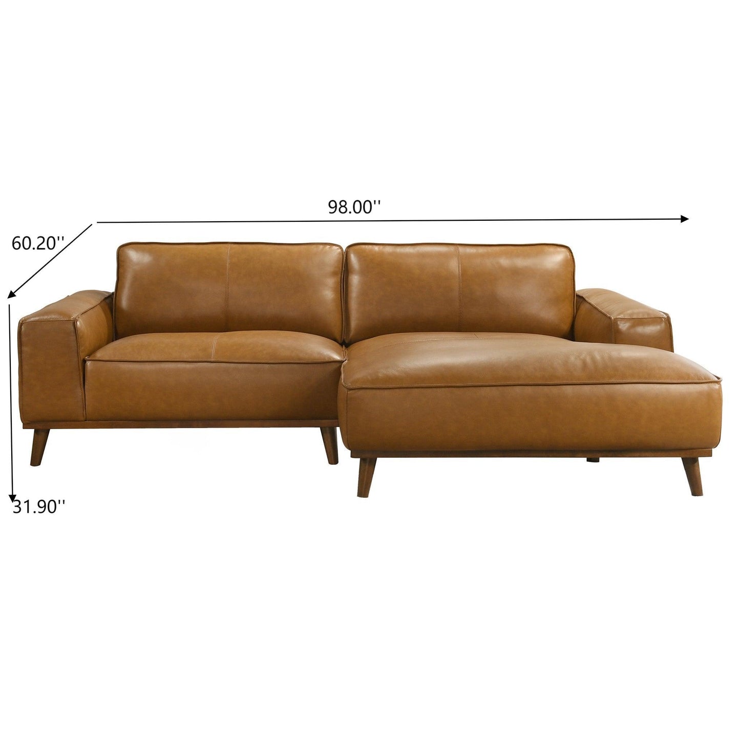 Kerrville Tan Leather Left Sectional Sofa with Mid-Century Modern Design, Genuine Leather Upholstery, Walnut-Finished Wood Legs, 98-Inch L-Shaped Layout - detail view 3