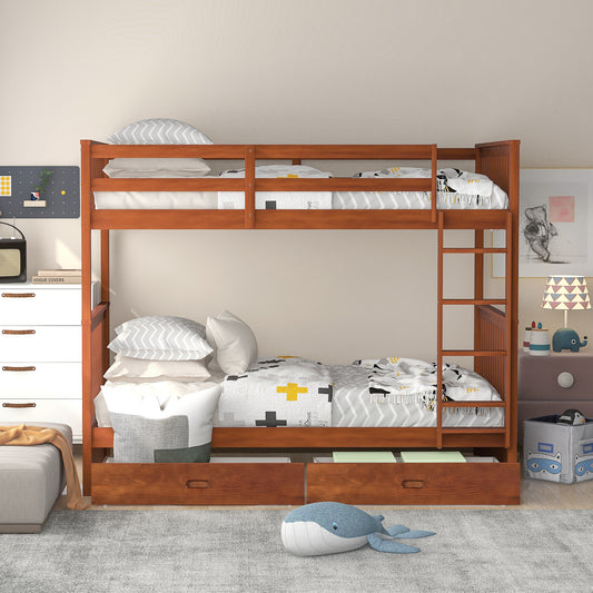 Larkspur Twin-Over-Twin Bunk Bed with Ladders and Two Storage Drawers Walnut