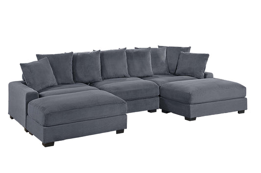 Contemporary Dark Gray 5pc Modular Sectional Set Corduroy Couch LAF & RAF Chairs 1x Armless Chairs 2x Ottomans Living Room Furniture - detail view 2