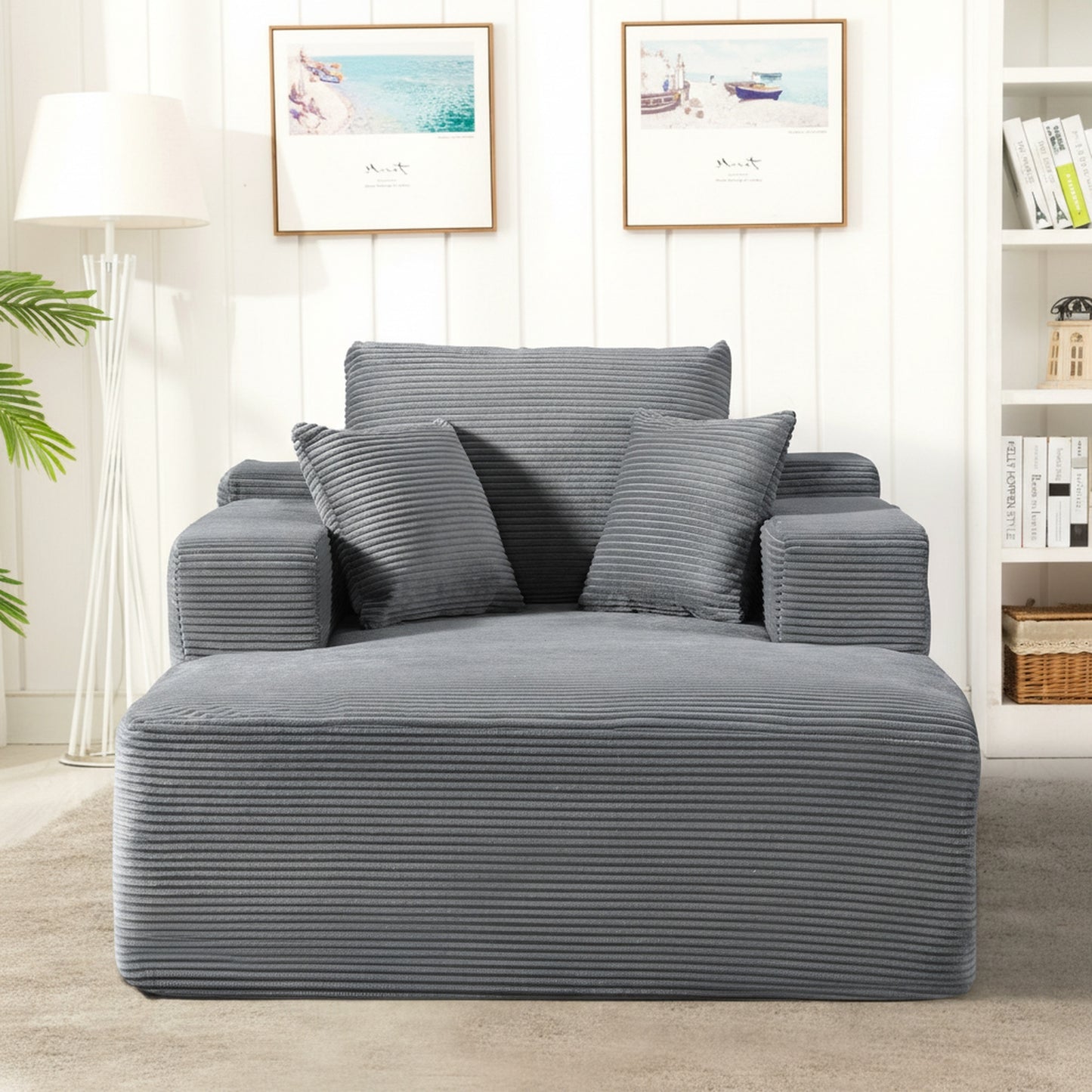 Convertible Chaise Lounge Chair Indoor – Oversized Corduroy Couch with Wide Armrest & Throw Pillows - Grey - detail view 8