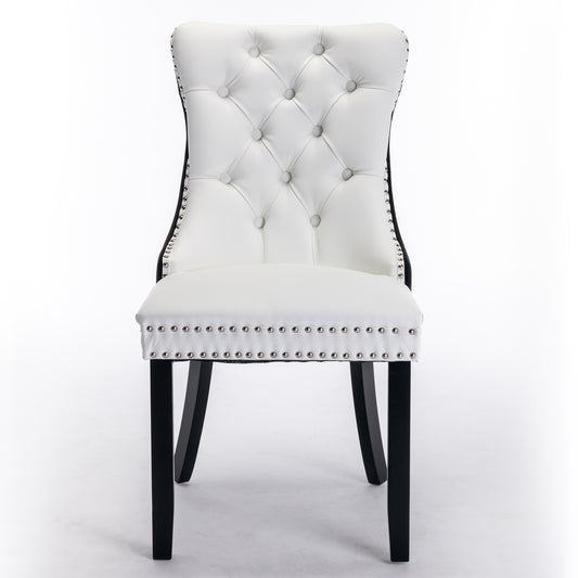 A&A Furniture Nikki Collection Tufted Faux Leather & Velvet Dining Chair with Nailhead Trim Set of 2 White/Black