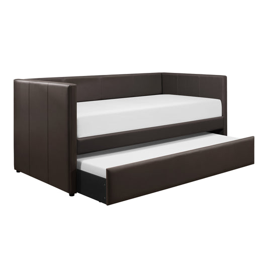 Laken Brown Faux Leather Contemporary Daybed with Trundle
