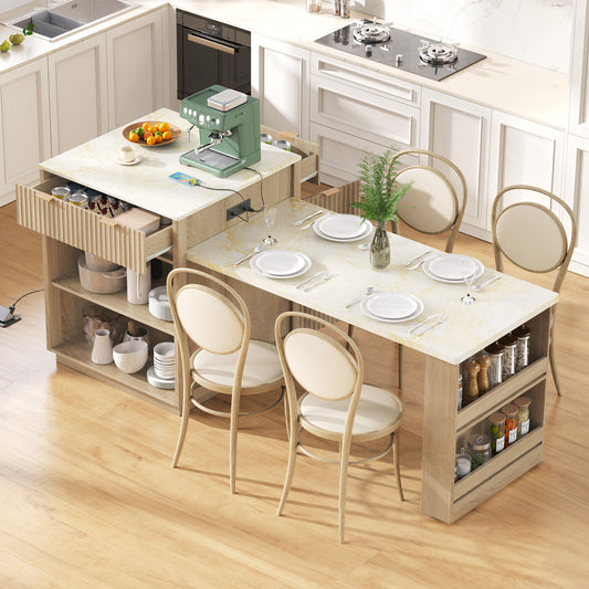 K&k 82.6' Fluted Kitchen Island with Extendable Dining Table for 4-6 - Natural - detail view 2