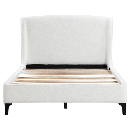 Mosby Queen Platform Bed with Curved Headboard in White Boucle Fabric