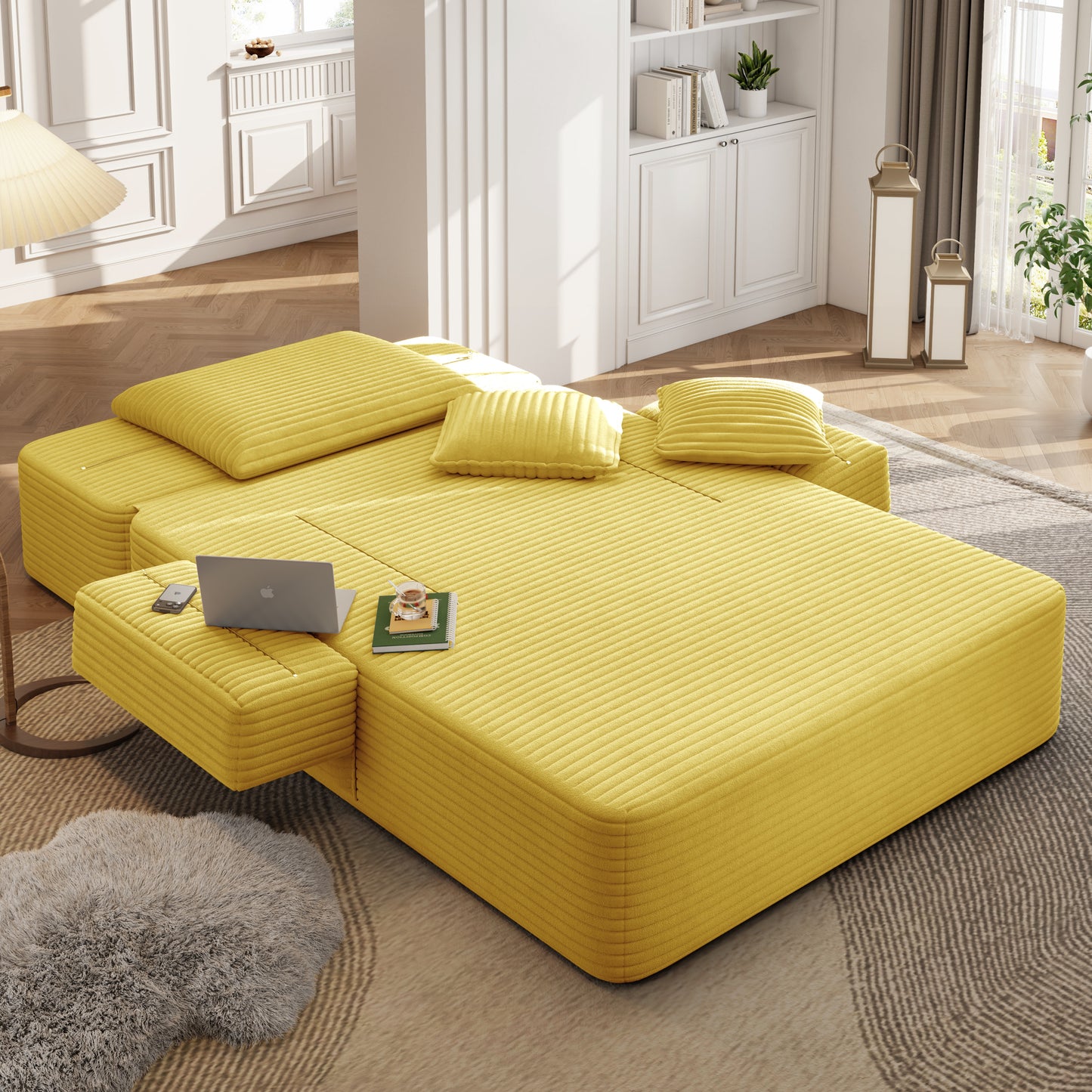 Luxurious Plush Corduroy Chaise Lounge with 3 Pillows - Yellow - detail view 8