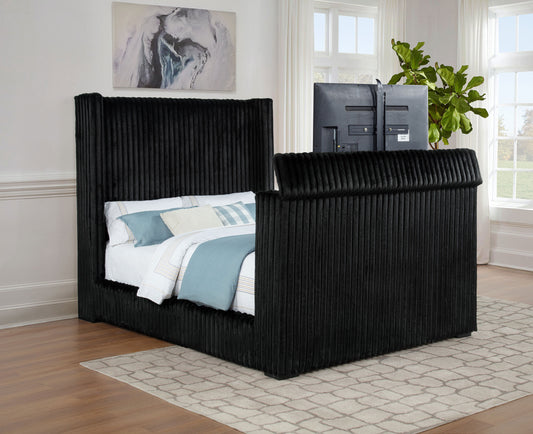 Centergrove Black Velvet Wingback TV Lift Bed – Queen