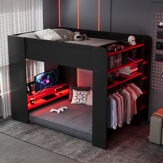 Full Size Wood Bunk Bed with Height-Adjustable Desk - Red - detail view 2