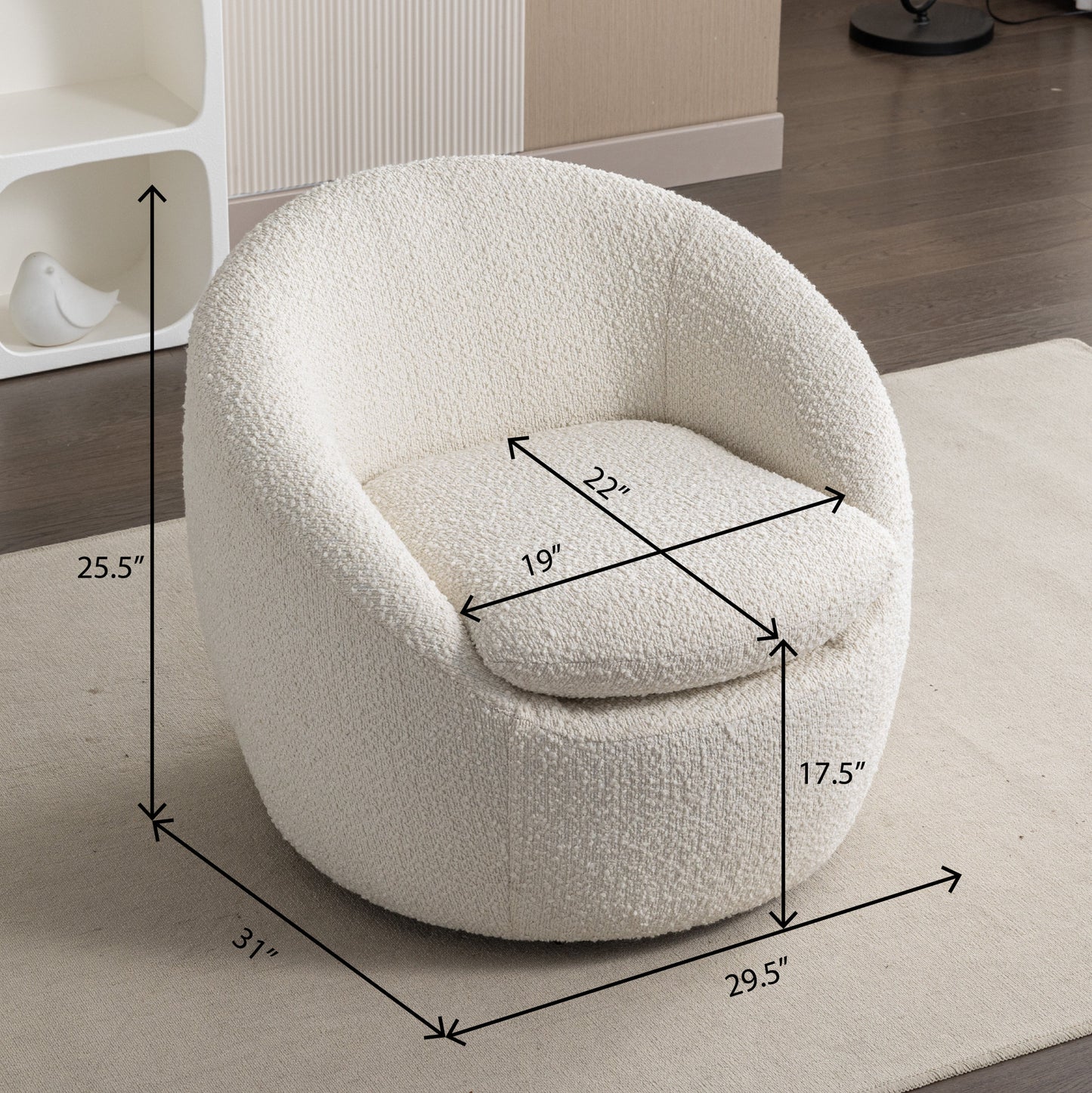 Winnie Modern Teddy Boucle Fabric Barrel Chair, 360° Swivel, White