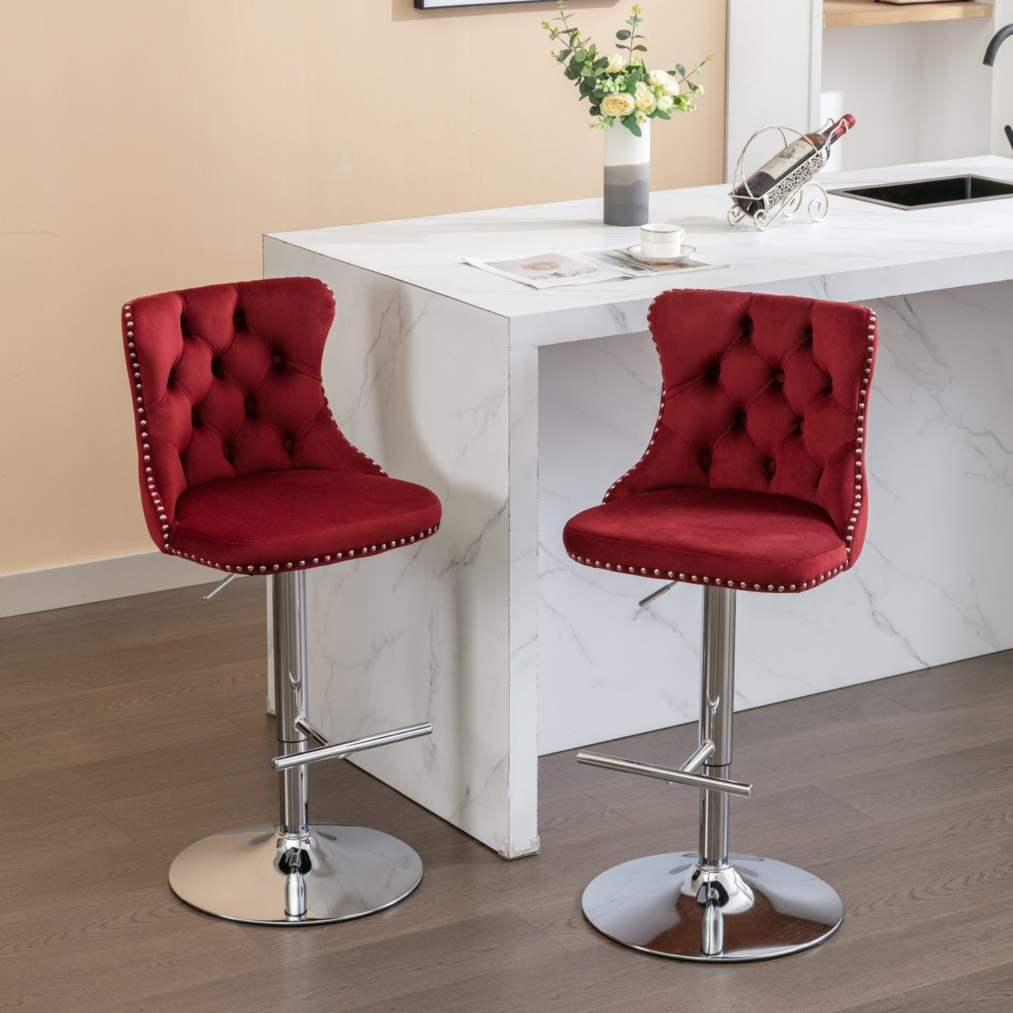Prudence Velvet Adjustable Height Bar Stools Set of 2 Red