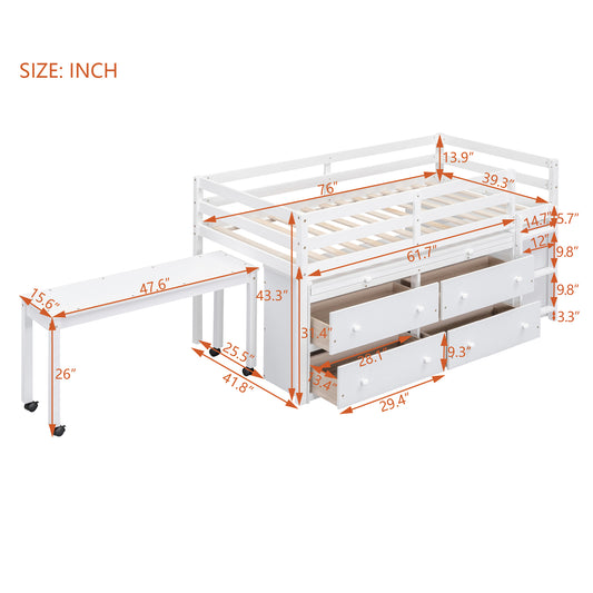 Sorelle Twin Size Loft Bed with Retractable Writing Desk and 4 Drawers, White
