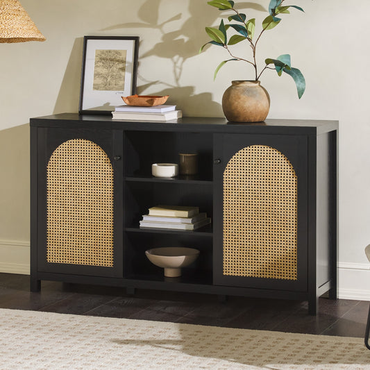 Elevateo Transitional 58" 2-Door Sideboard with Arched Rattan Panels, Black